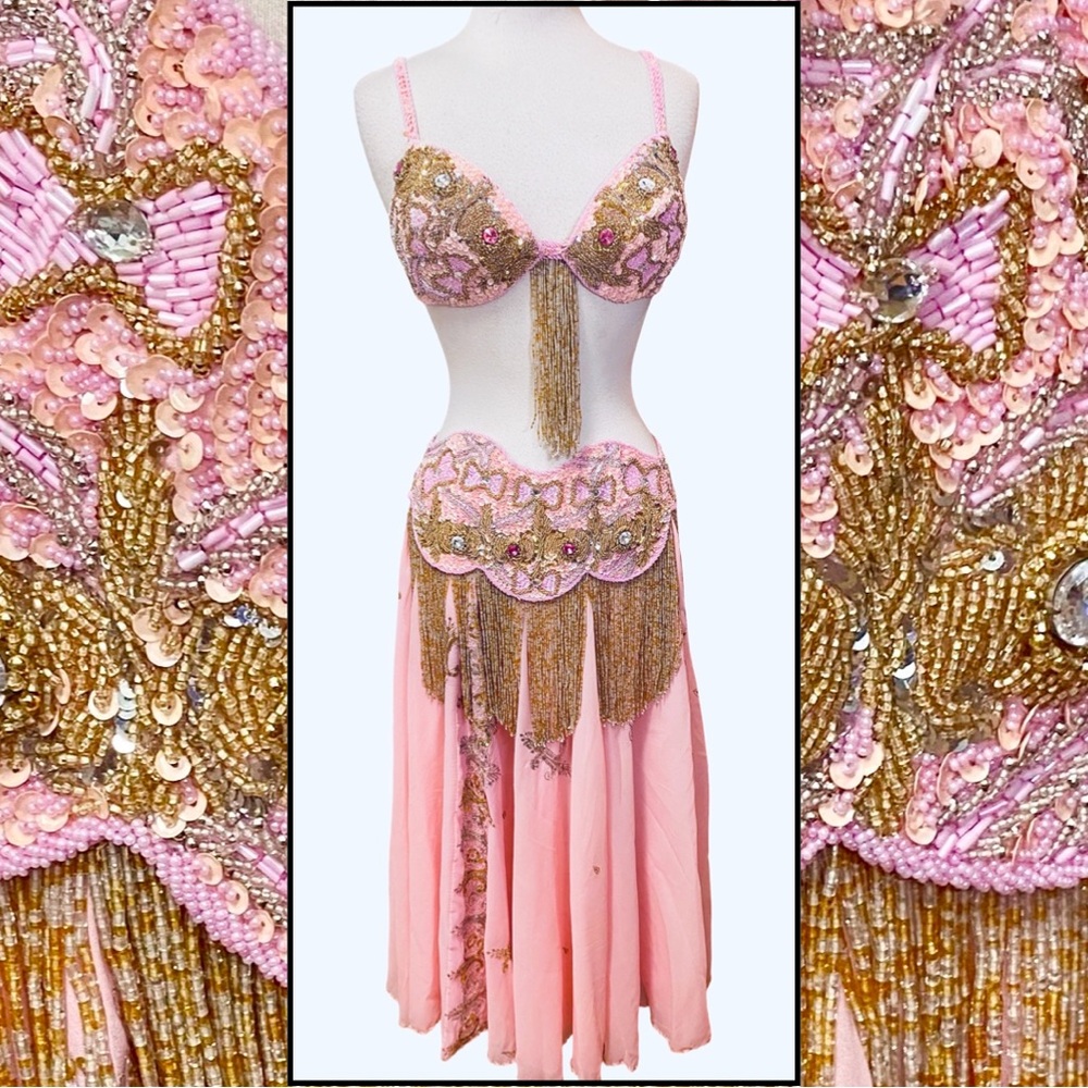 Authentic BELLYDANCER Costume Cairo Pink Chiffon Gold Beaded Sequin Jeweled 7pc